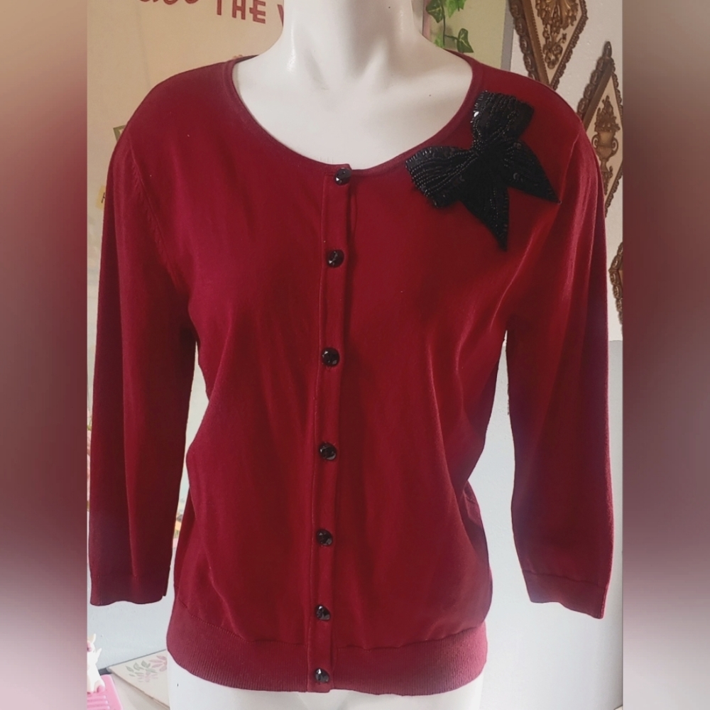Lovely Red button up ladies cardigan by August Silk w/black bow embellishments